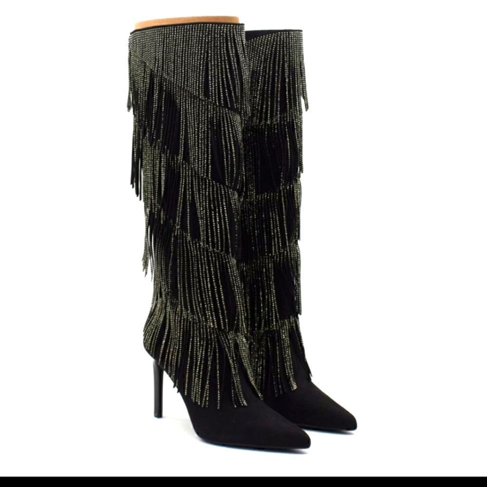 NIB Inc. International Concepts "Shyn" Black w/Suede Silver Fringe Boots Sz.8.5